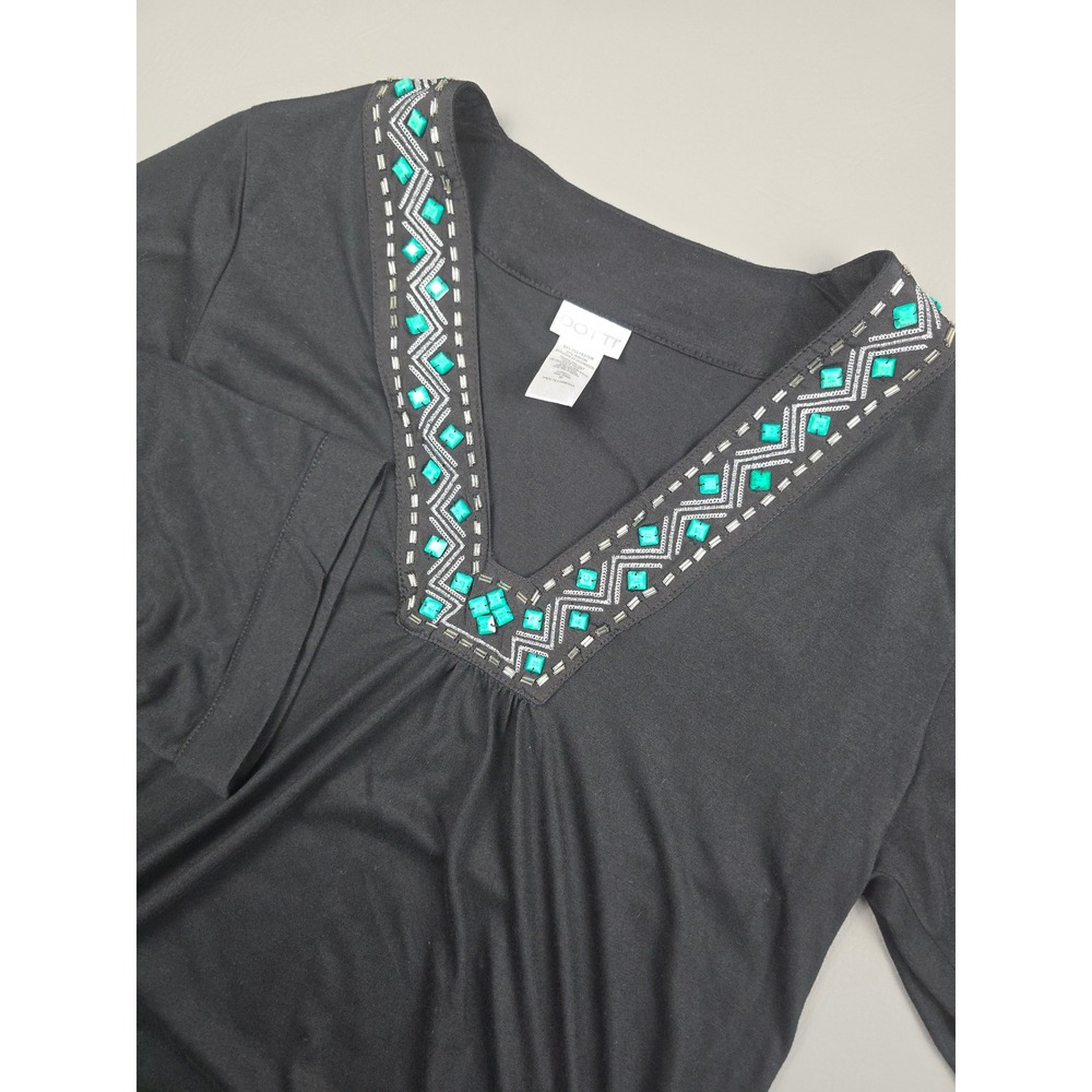 Dotti Women Black Tunic Top 3/4 Sleeve Embellished V-Neck Turquoise Boho Medium